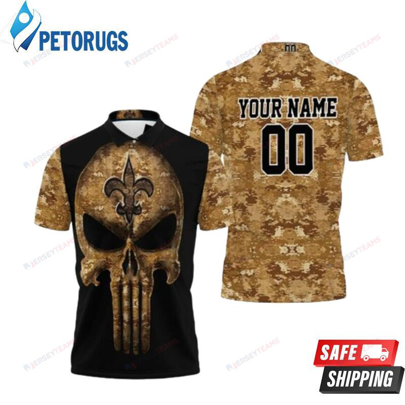 Camouflage Skull New Orleans Saints American Flag Custom Name & Number Printed Polo Shirt