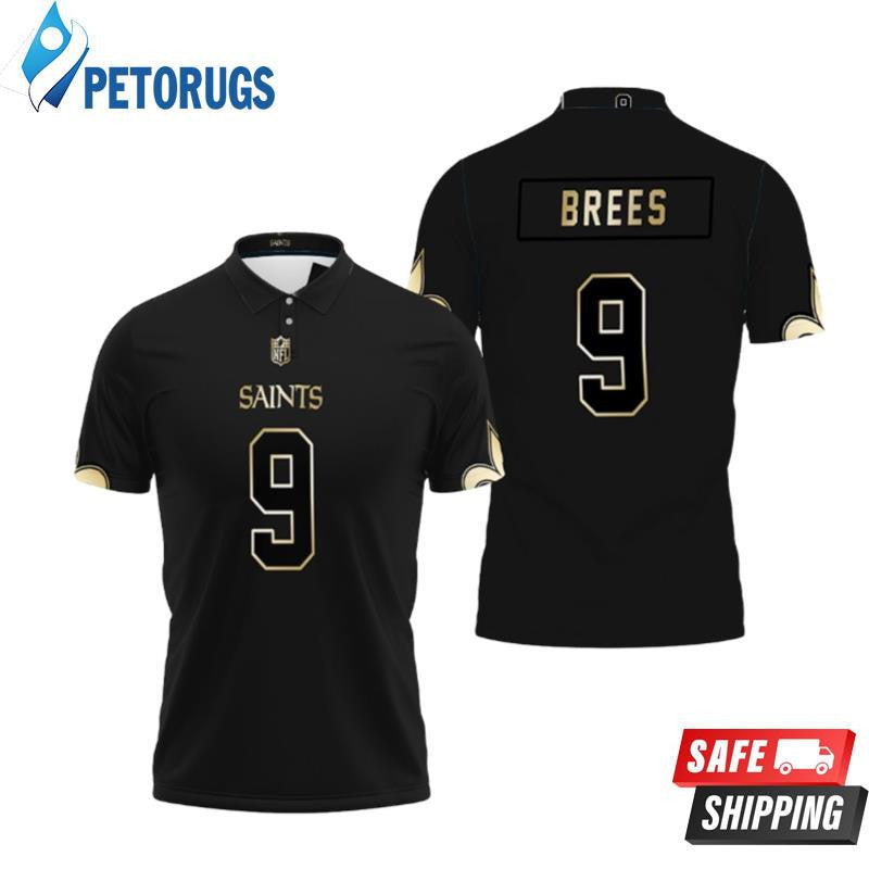 Drew Brees 9 New Orleans Saints Black Golden Printed Polo Shirt