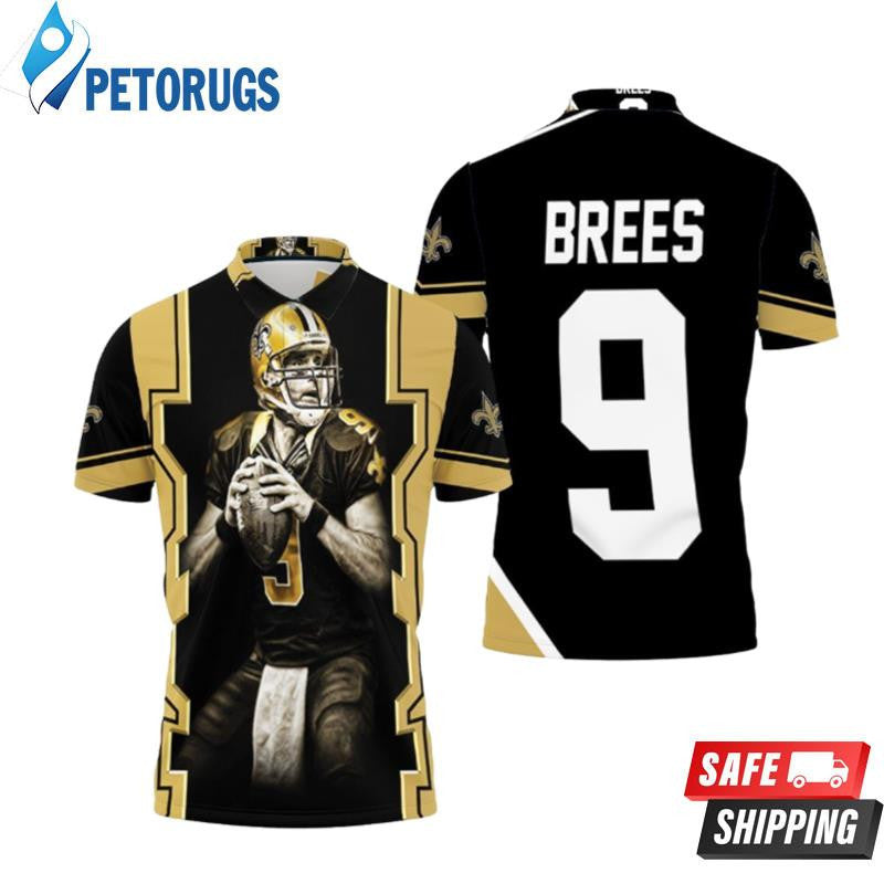 Drew Brees 9 New Orleans Saints Black Printed Polo Shirt