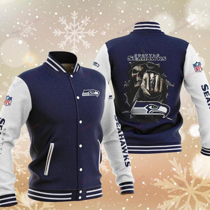 Seattle Seahawks Navy Skull - AOP Varsity Jacket - All-Over-Printed Jacket