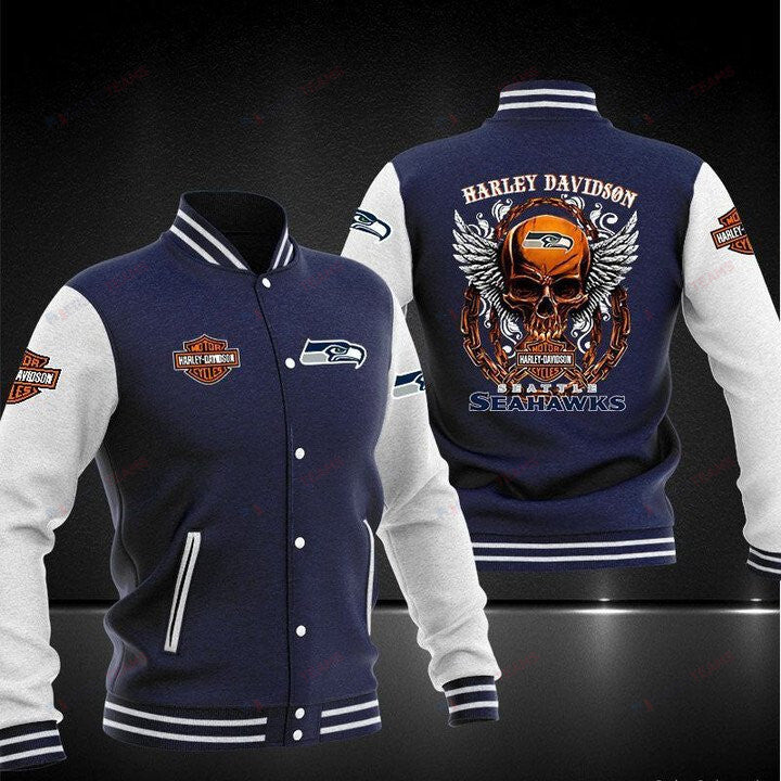 Seattle Seahawks Navy Skull Harley Davidson - AOP Varsity Jacket - All-Over-Printed Jacket