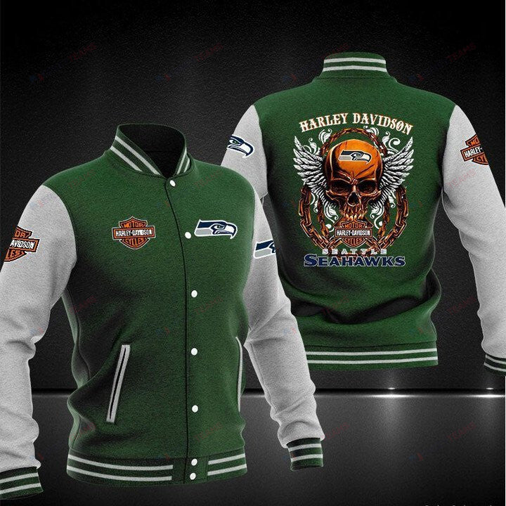 Seattle Seahawks Green Skull Harley Davidson - AOP Varsity Jacket - All-Over-Printed Jacket