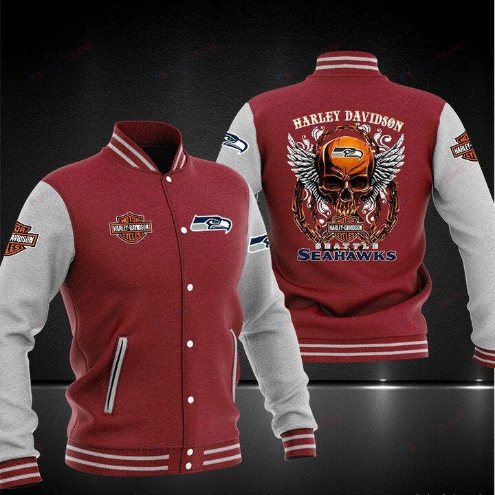 Seattle Seahawks Red Skull Harley Davidson - AOP Varsity Jacket - All-Over-Printed Jacket