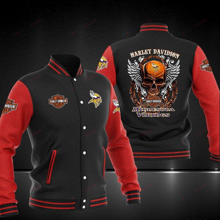 Minnesota Vikings Black Red Harley Davidson - AOP Varsity Jacket - All-Over-Printed Jacket