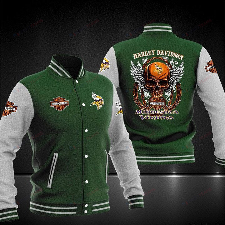 Minnesota Vikings Green Grey Harley Davidson - AOP Varsity Jacket - All-Over-Printed Jacket
