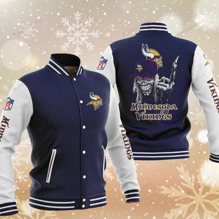 Minnesota Vikings Dark Blue Iron Maiden - AOP Varsity Jacket - All-Over-Printed Jacket