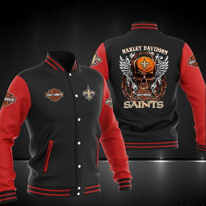 New Orleans Saints Black Red Harley Davidson - AOP Varsity Jacket - All-Over-Printed Jacket