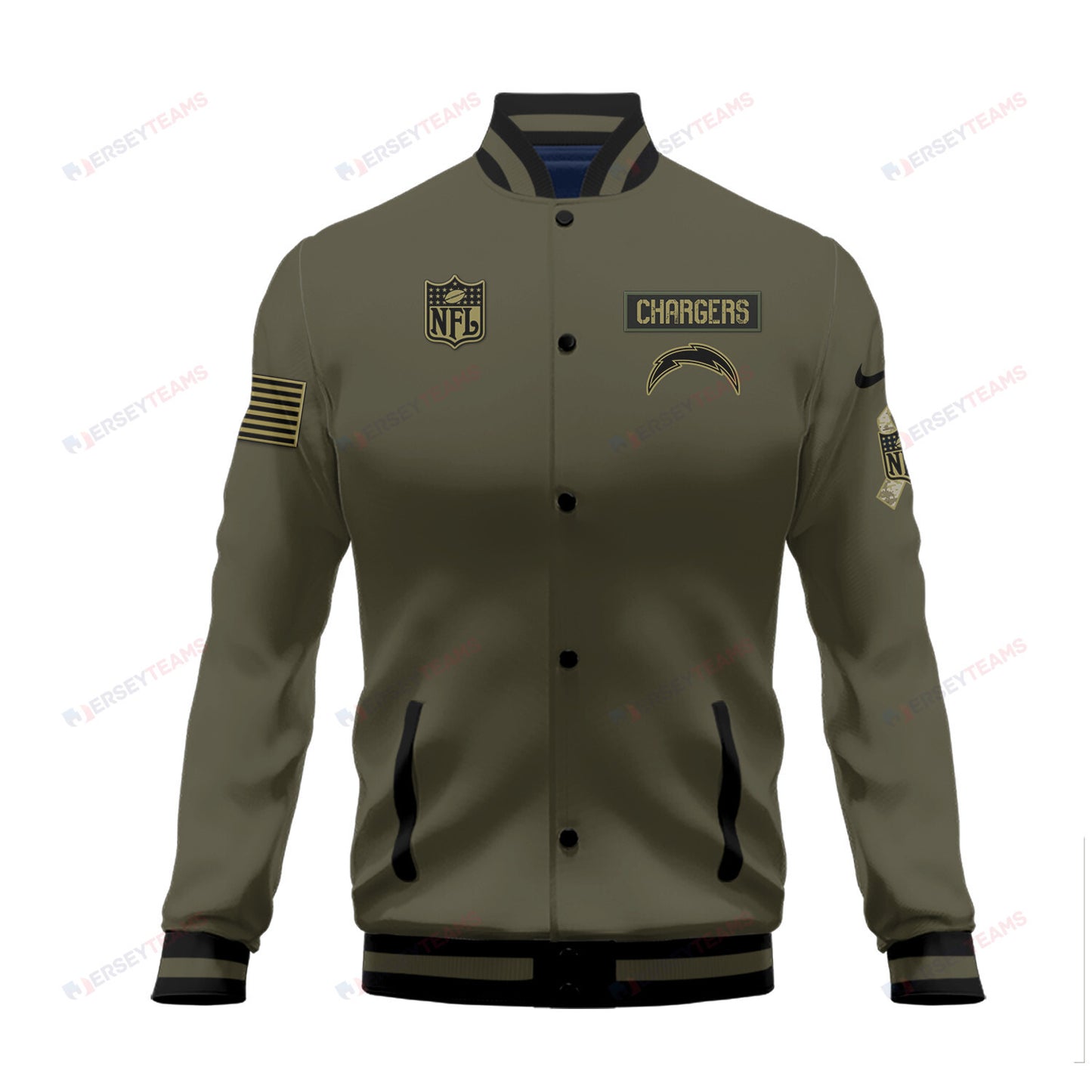 Los Angeles Chargers 2023 Salute To Service Club Baseball Jacket Varsity Jacket - Green - All-Over-Printed Jacket