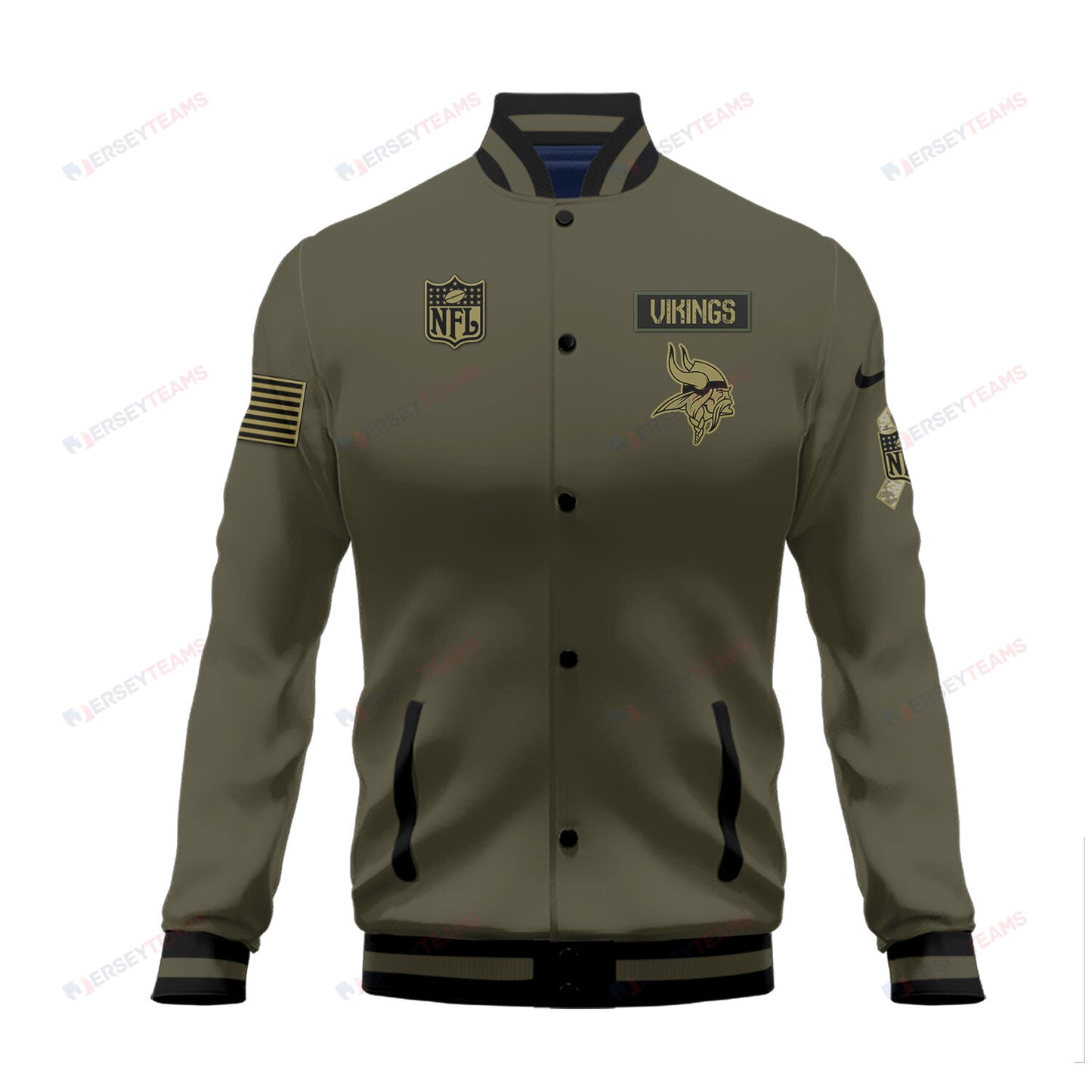 Minnesota Vikings 2023 Salute To Service Club Baseball Jacket Varsity Jacket - Green - All-Over-Printed Jacket