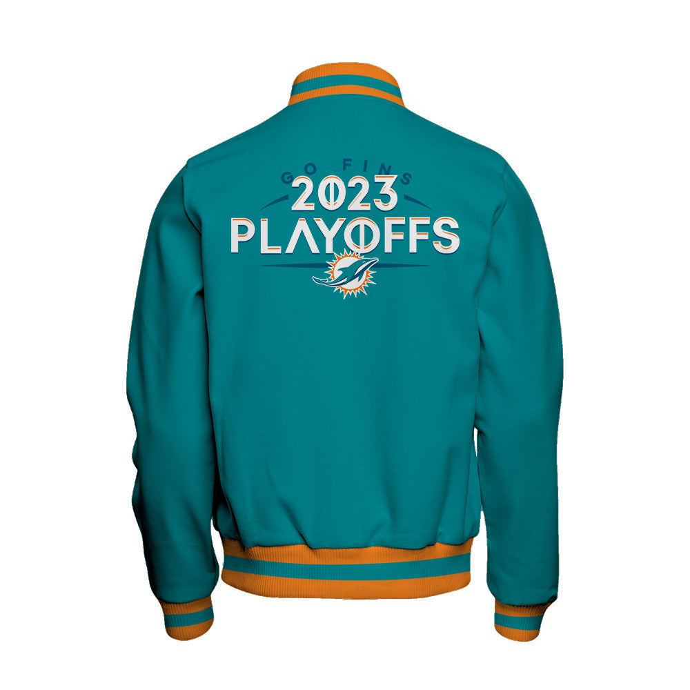 Miami Dolphins Go Fins 2023 NFL Playoffs Baseball Jacket - Aqua - All-Over-Printed Jacket