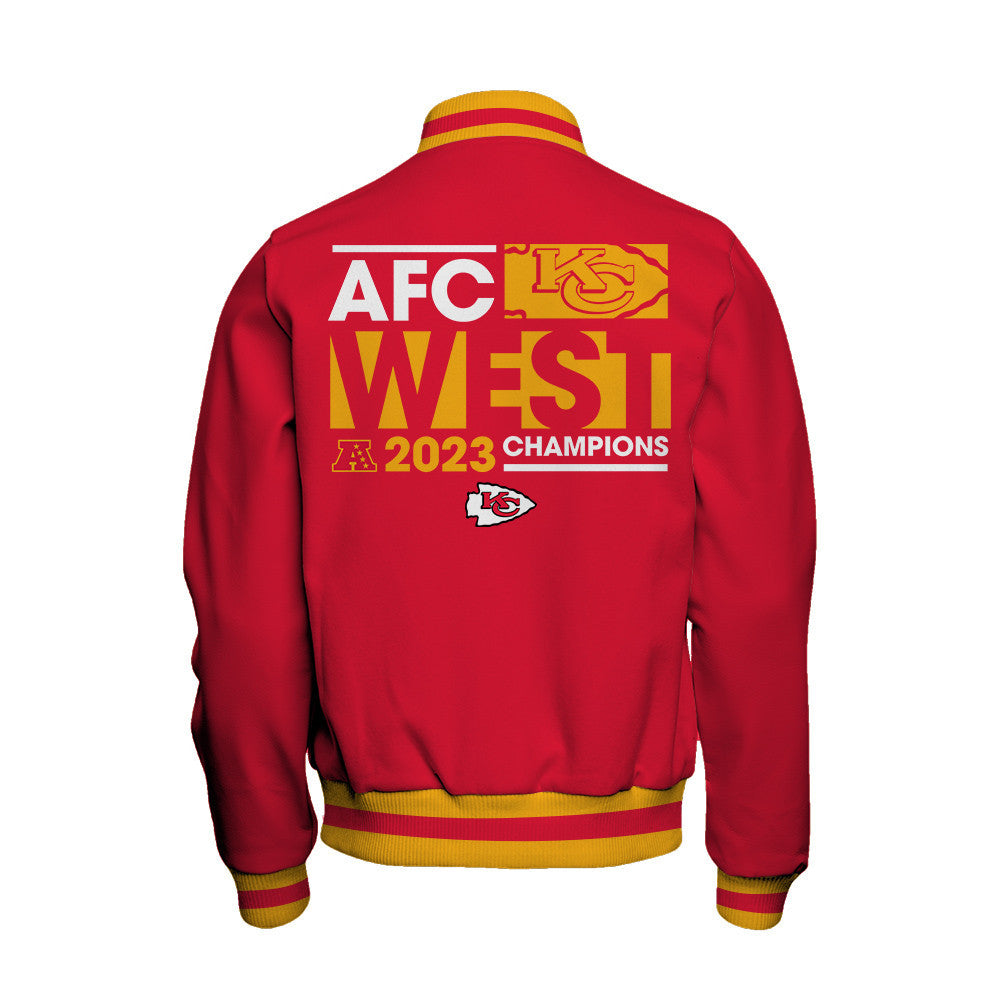 Kansas City Chiefs 2023 AFC West Division Champions Conquer Baseball Jacket - Red - All-Over-Printed Jacket
