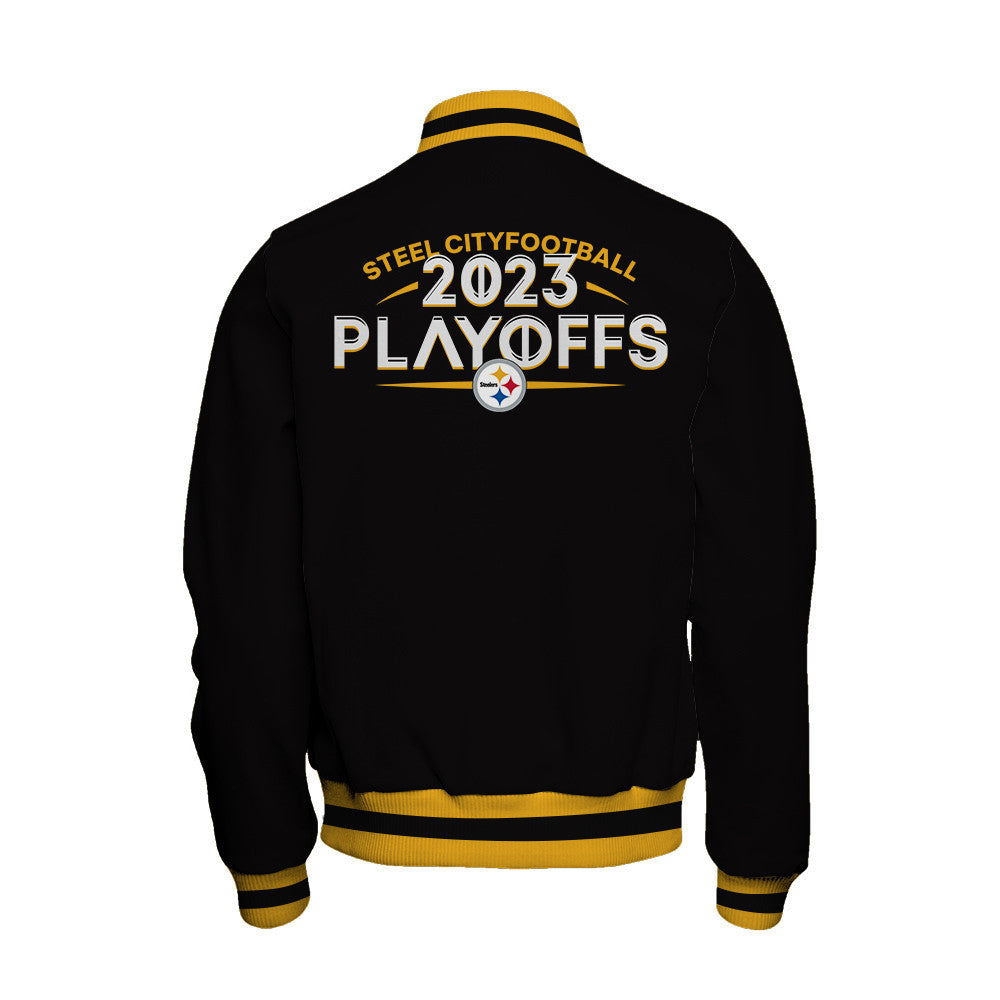 Pittsburgh Steelers Steel City Football 2023 Playoffs Ready Baseball Jacket - Black - All-Over-Printed Jacket
