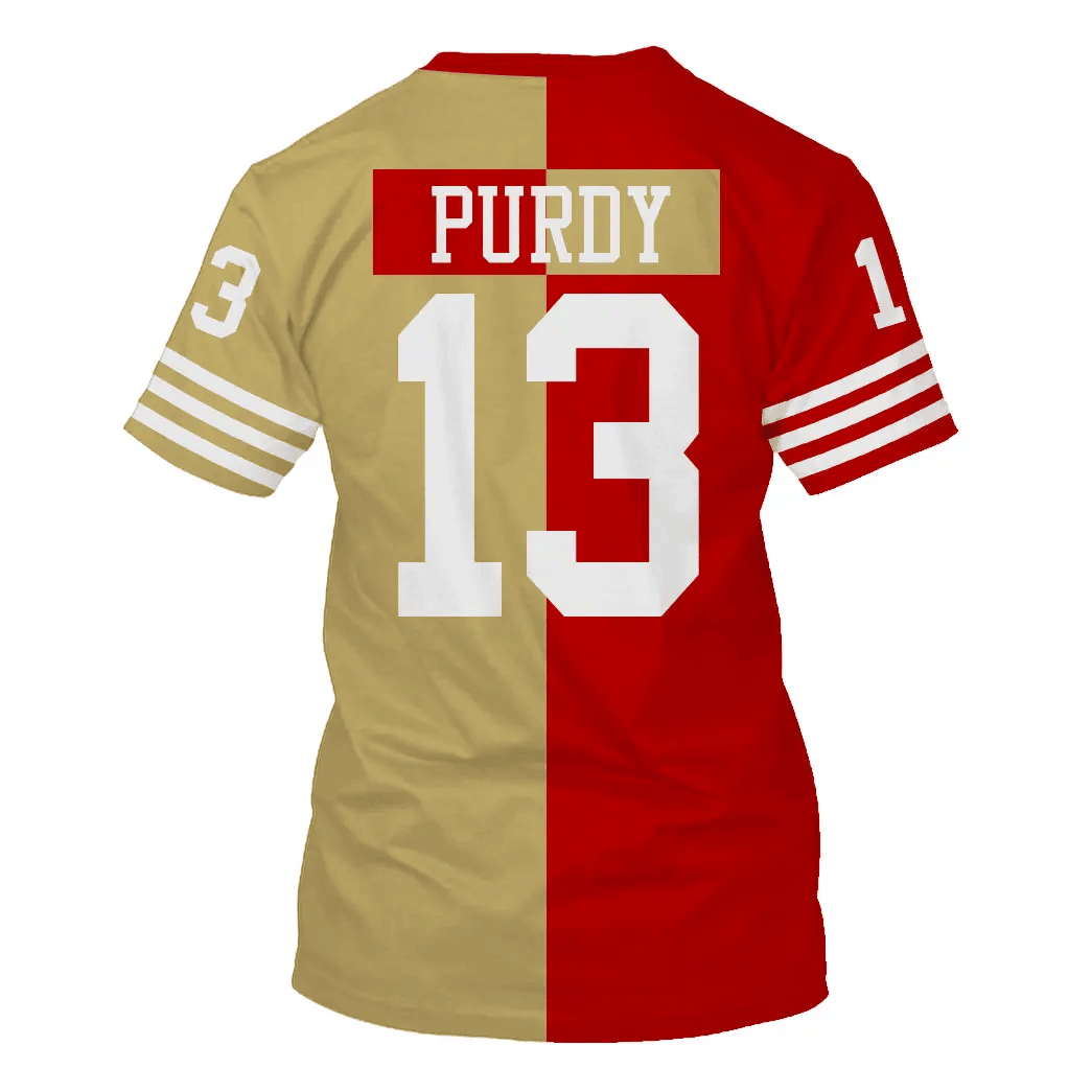 Brock Purdy 13 San Francisco 49ers All Over Print T-shirt - Gold/ Scarlet
