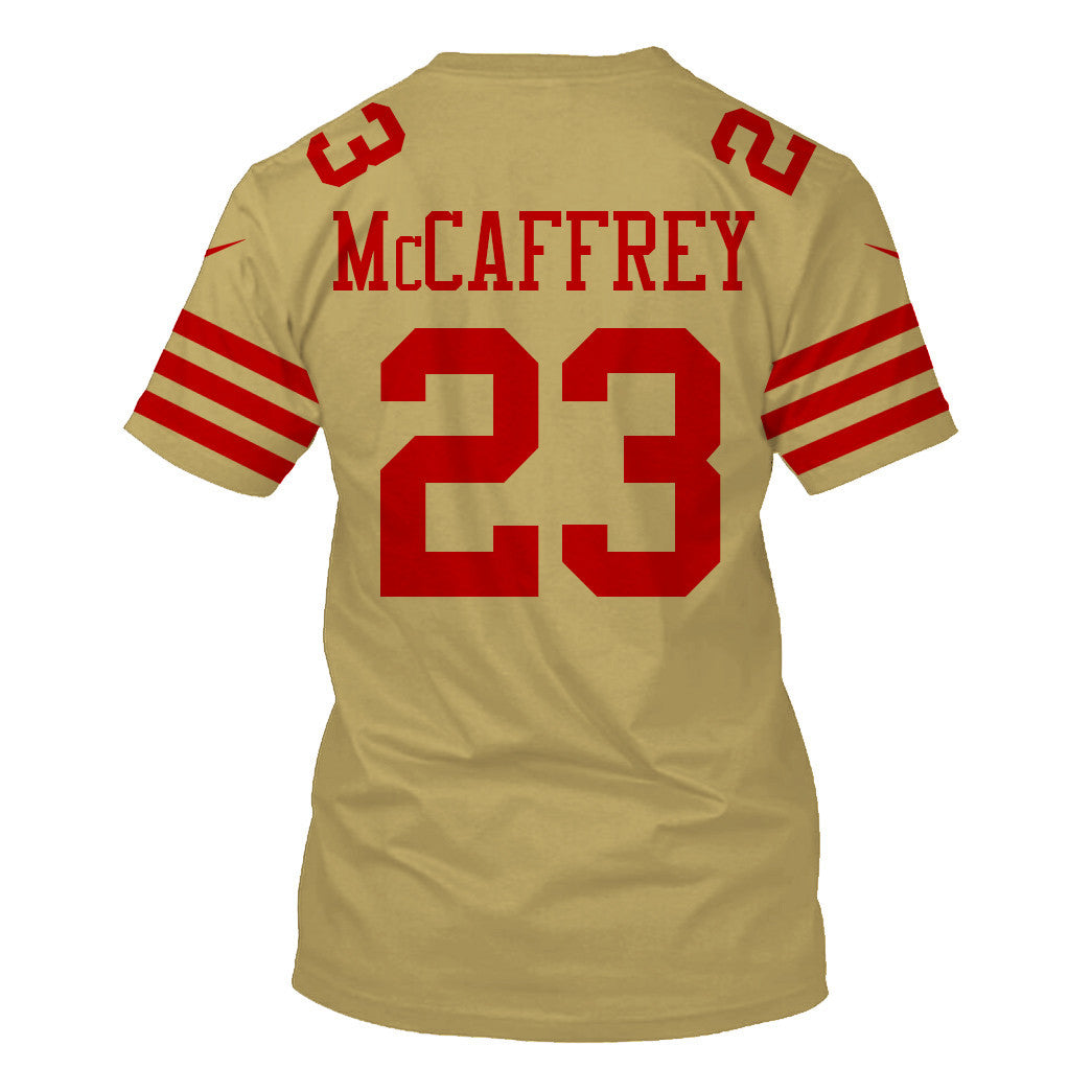Christian McCaffrey 23 San Francisco 49ers Super Bowl LVIII All Over Print T-shirt - Gold