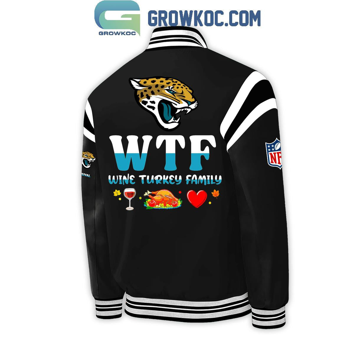 Jacksonville Jaguars Wine Turkey Family Thanksgiving Football Baseball Jacket - All Over Printed - Black - All-Over-Printed Jacket