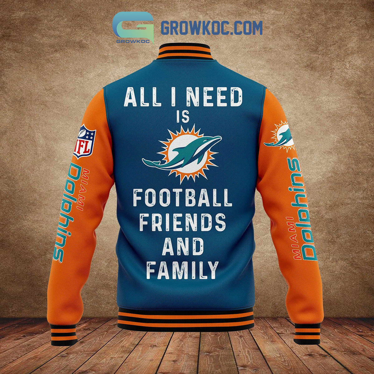 Miami Dolphins All I Need Is Football Friends And Family Custom Name Baseball Jacket - All Over Printed - Blue - All-Over-Printed Jacket