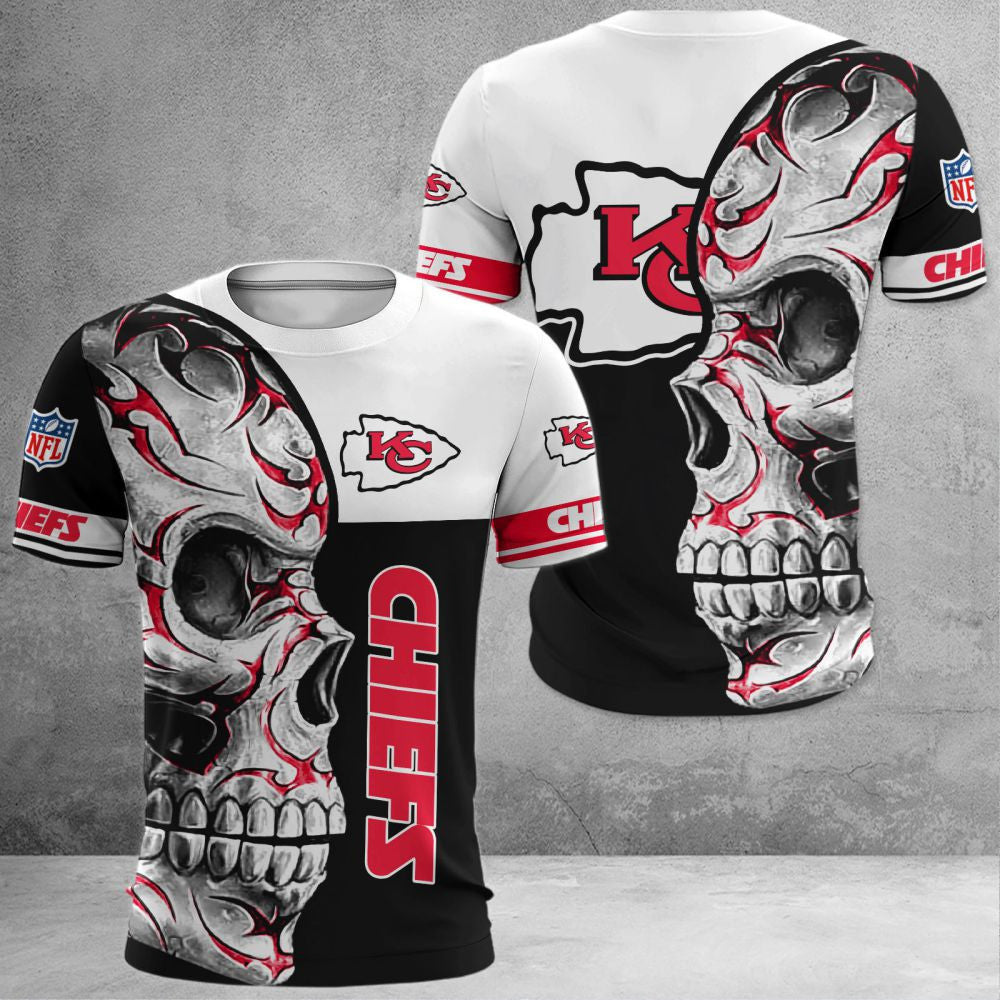 Kansas City Chiefs Skull Flame All Over Printed T-Shirt - White