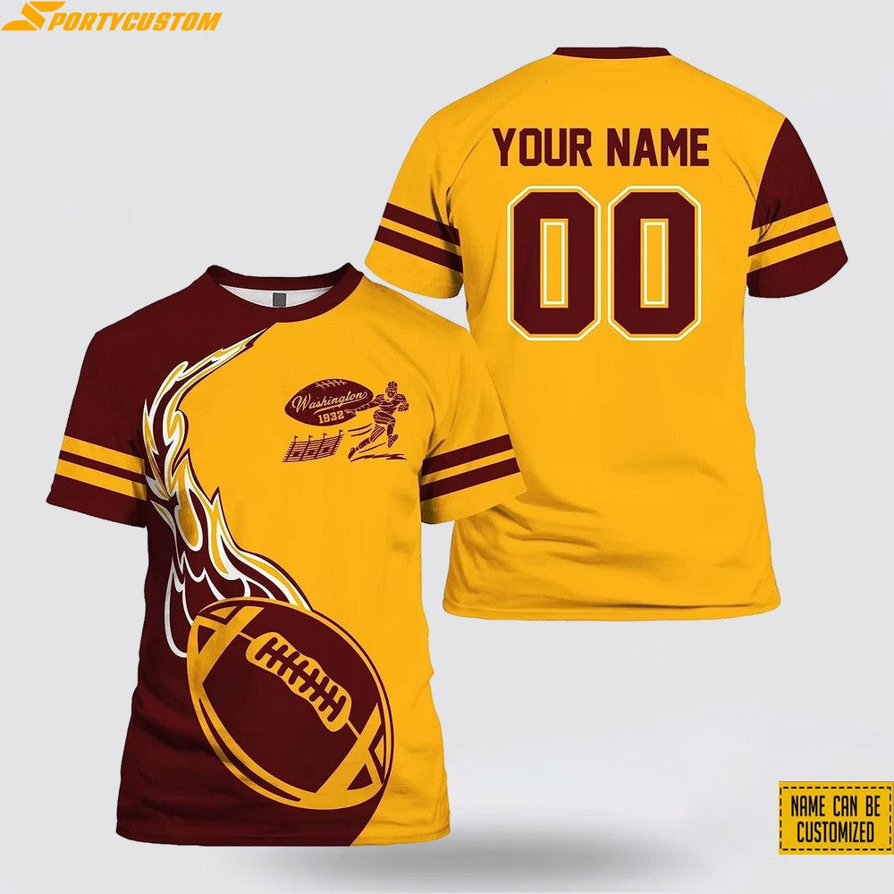 Washington Commanders Fire Ball Custom Name & Number All Over Printed T-Shirt - Burgundy/Gold