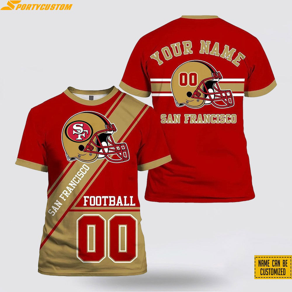 San Francisco 49ers Helmet Custom Name & Number All Over Printed T-Shirt - Red/Gold