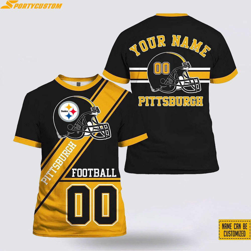 Pittsburgh Steelers Helmet Custom Name & Number All Over Printed T-Shirt - Black Gold