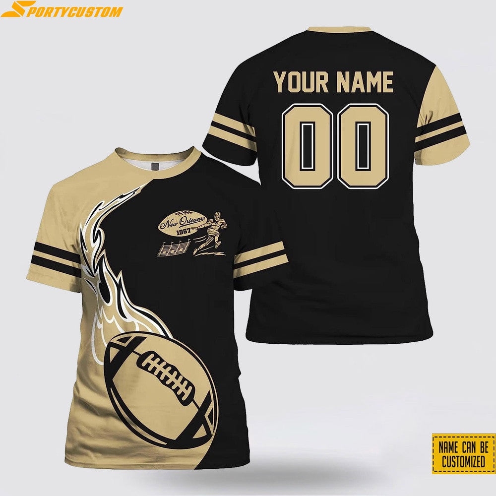 New Orleans Saints Fire Ball Custom Name & Number All Over Printed T-Shirt - Black/Gold