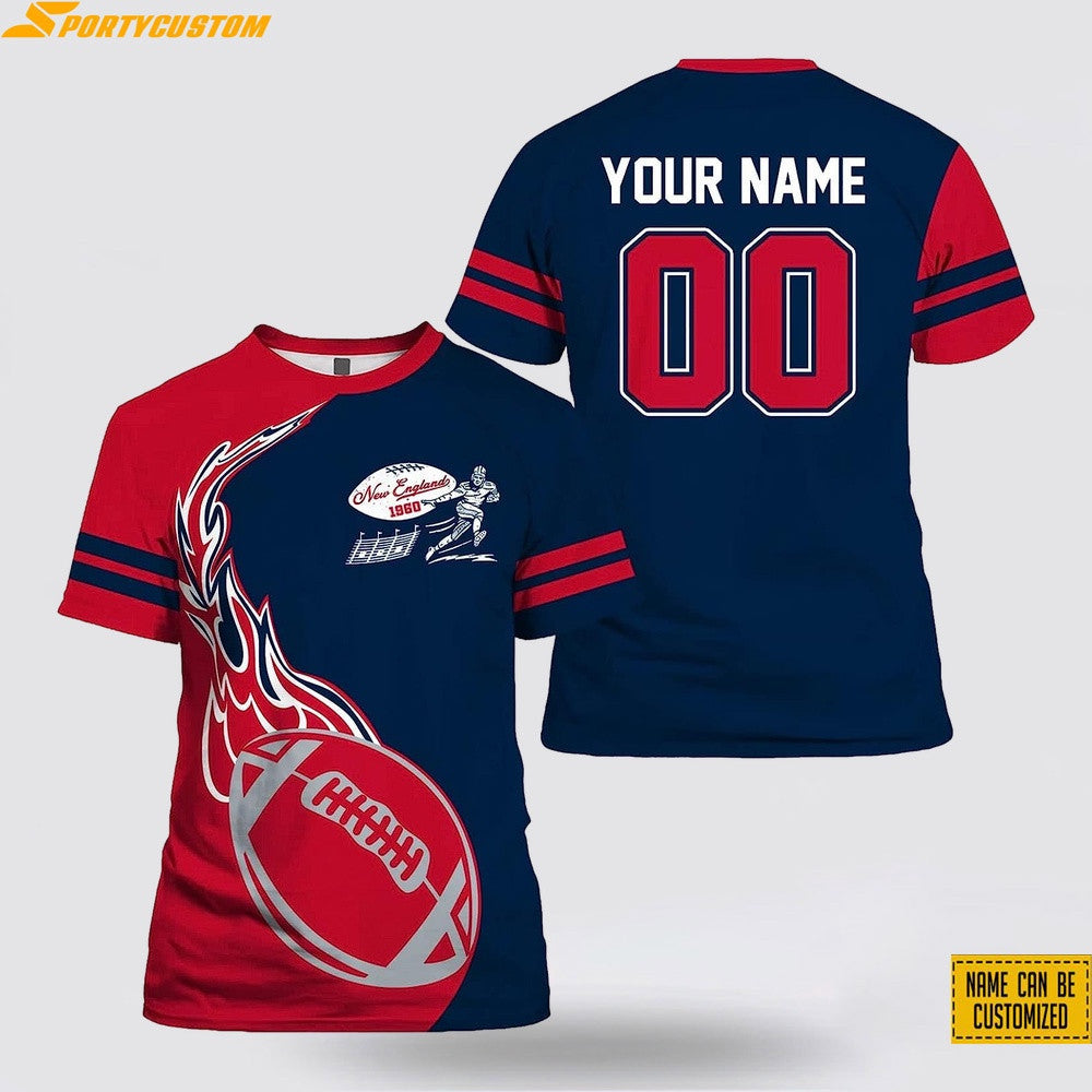 New England Patriots Fire Ball Custom Name & Number All Over Printed T-Shirt - Navy/Red