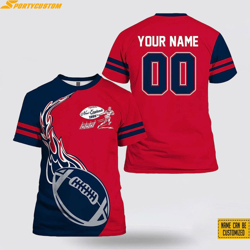 New England Patriots Fire Ball Custom Name & Number All Over Printed T-Shirt - Red/Navy