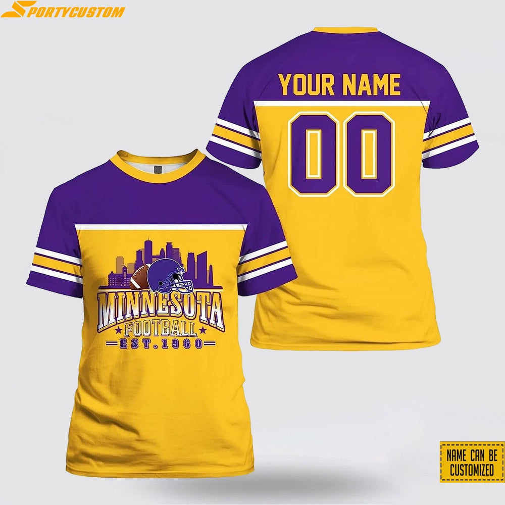 Minnesota Vikings City Custom Name & Number All Over Printed T-Shirt - Purple/Yellow