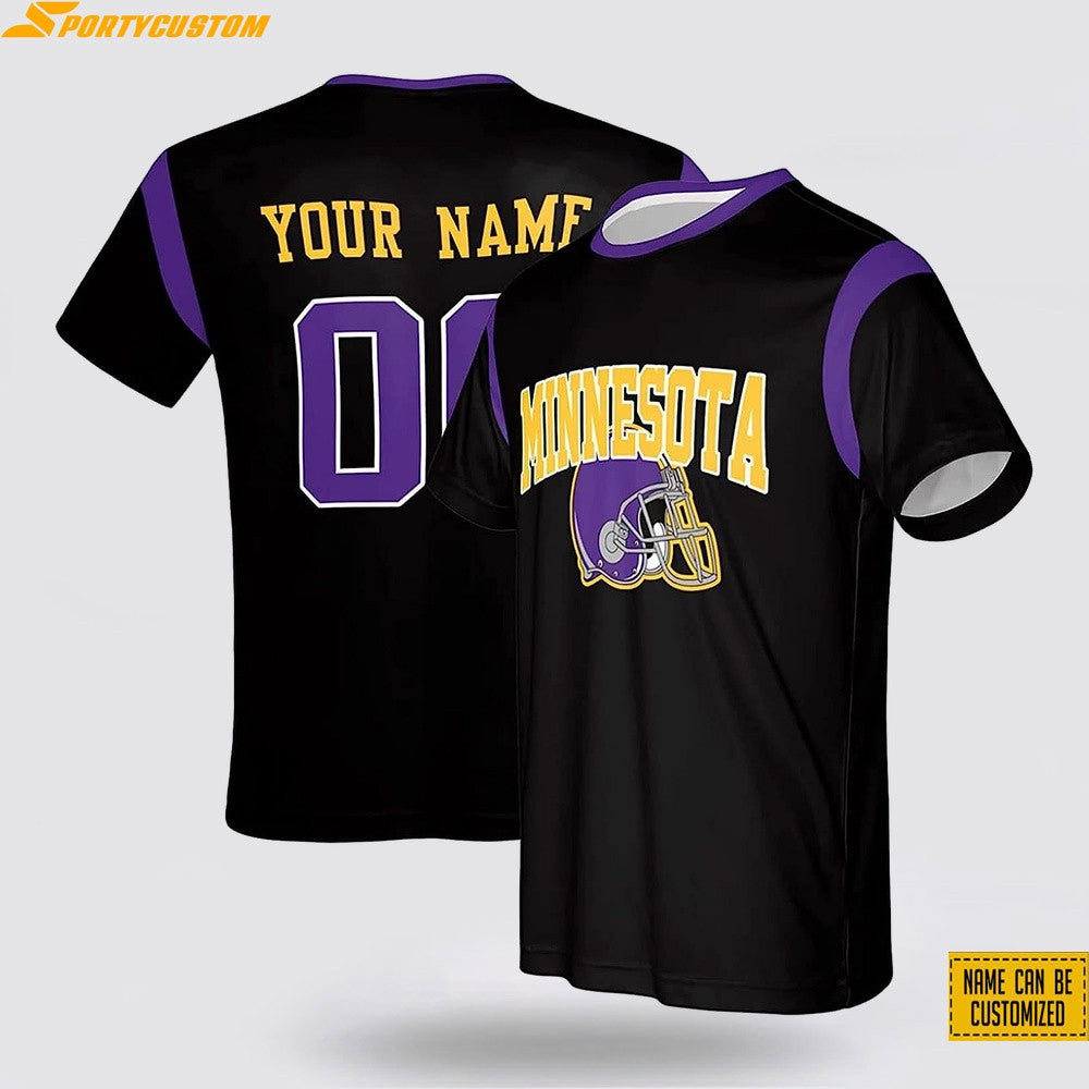 Minnesota Vikings Helmet Custom Name & Number All Over Printed T-Shirt - Black