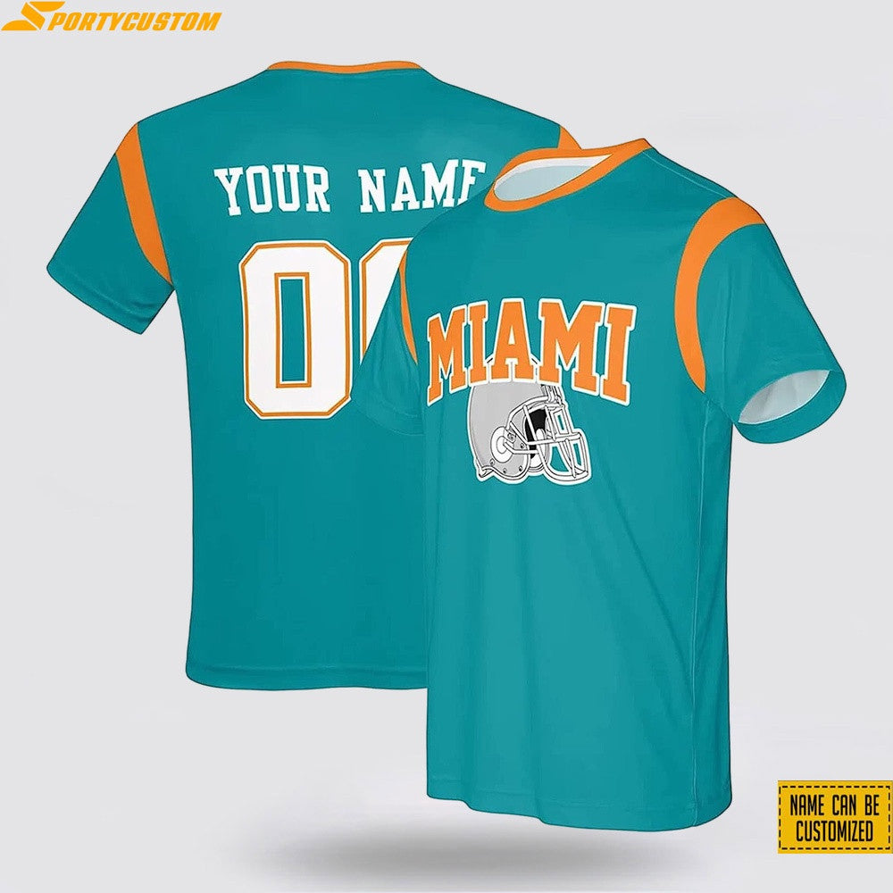 Miami Dolphins Helmet Custom Name & Number All Over Printed T-Shirt - Aqua