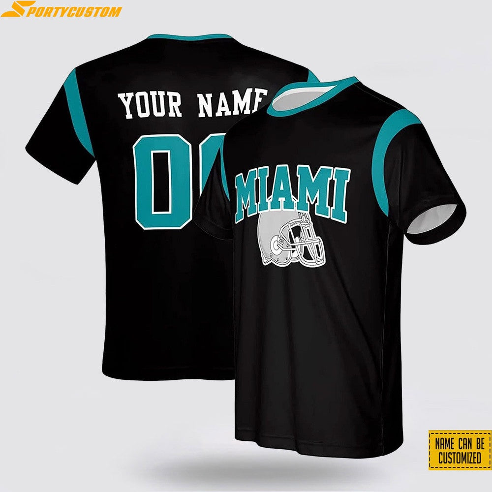 Miami Dolphins Helmet Custom Name & Number All Over Printed T-Shirt - Black
