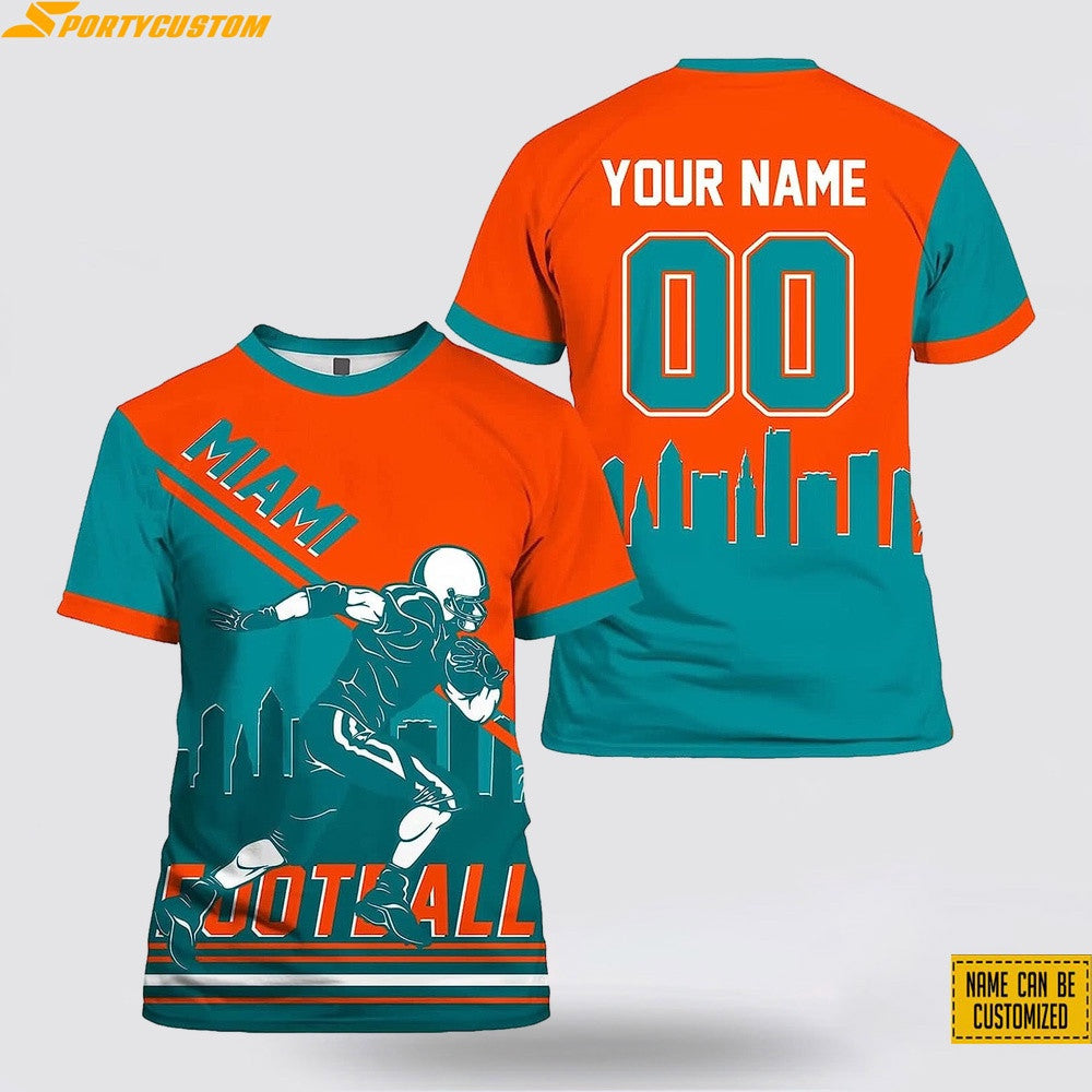 Miami Dolphins Player Custom Name & Number All Over Printed T-Shirt - Orange/Aqua