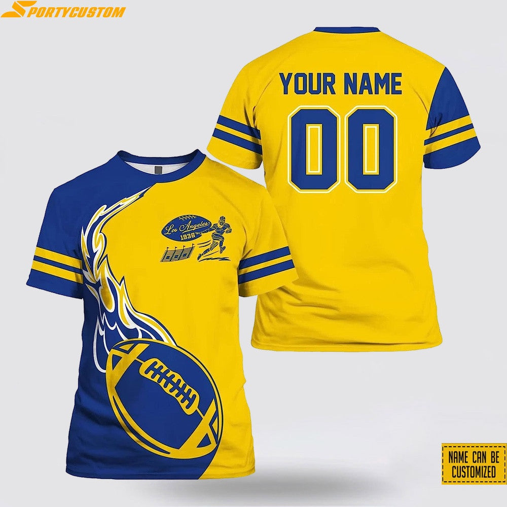 Los Angeles Rams Fire Ball Custom Name & Number All Over Printed T-Shirt - Blue/Yellow