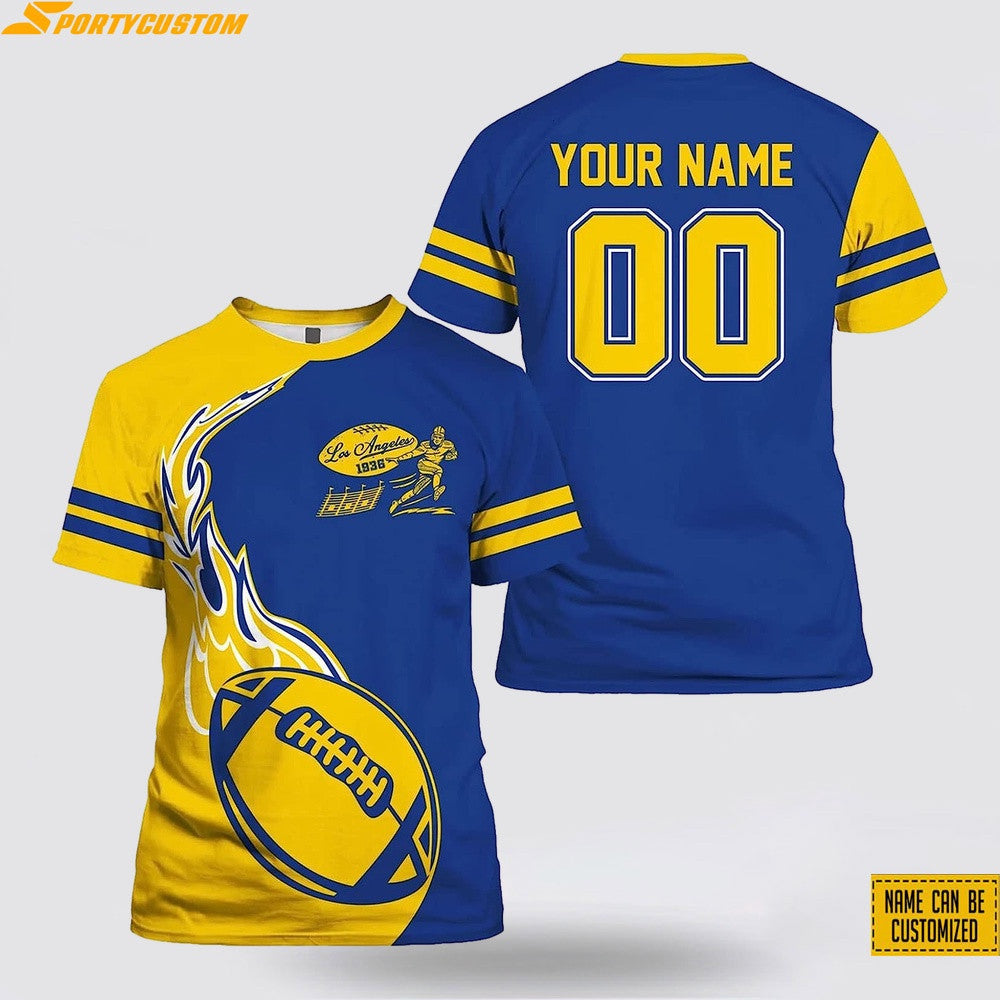Los Angeles Rams Fire Ball Custom Name & Number All Over Printed T-Shirt - Yellow/Blue
