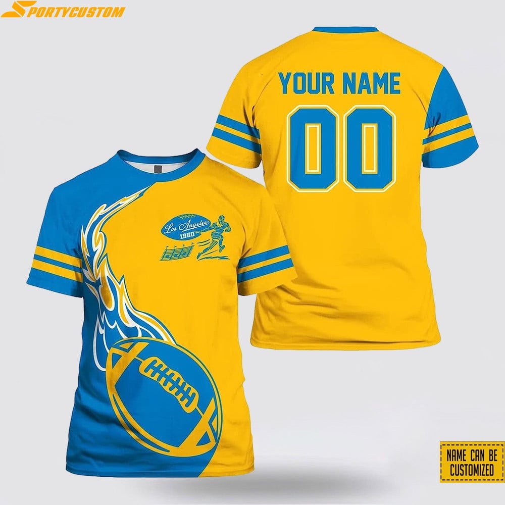 Los Angeles Chargers Fire Ball Custom Name & Number All Over Printed T-Shirt - Powder Blue/Gold
