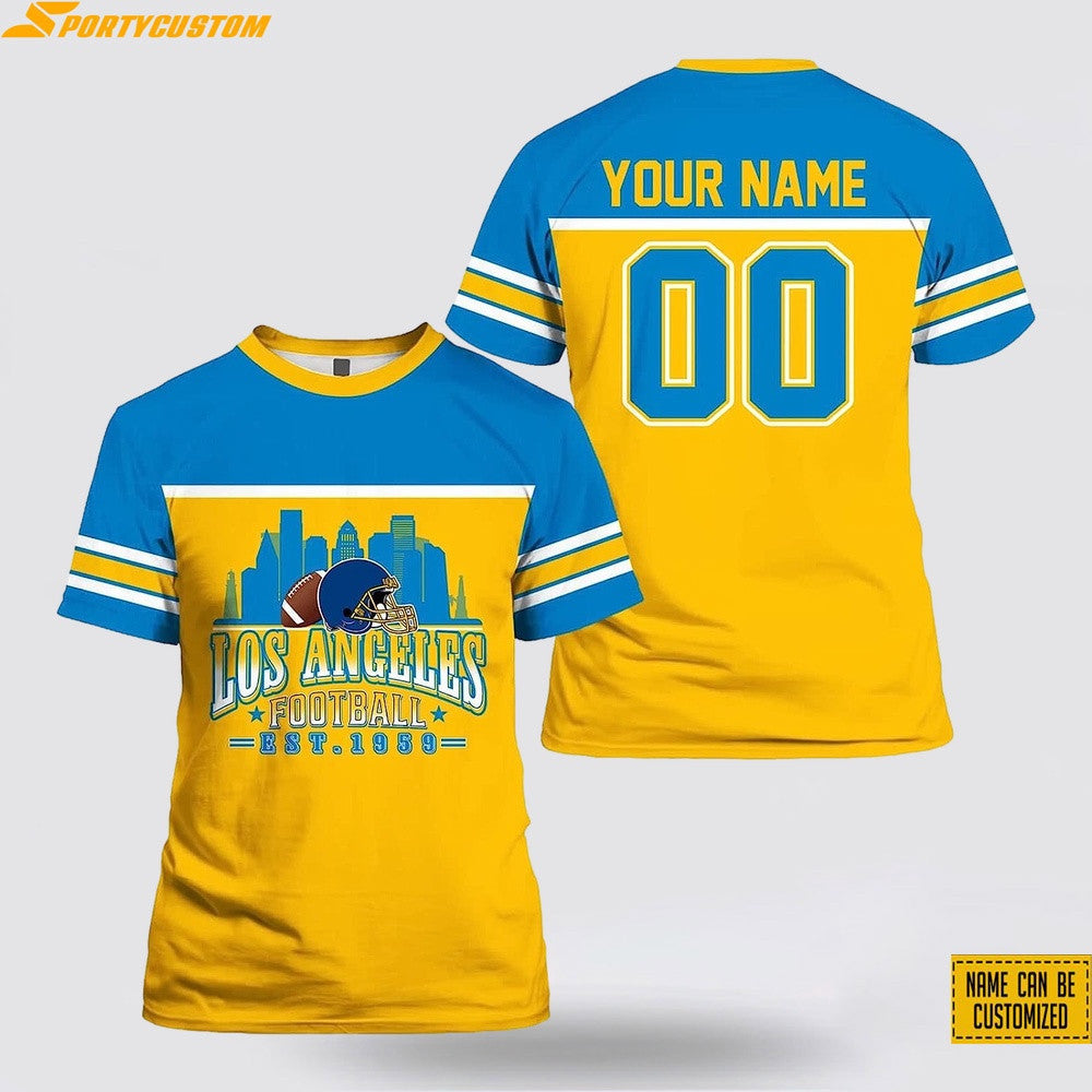 Los Angeles Chargers City Custom Name & Number All Over Printed T-Shirt - Powder Blue/Gold