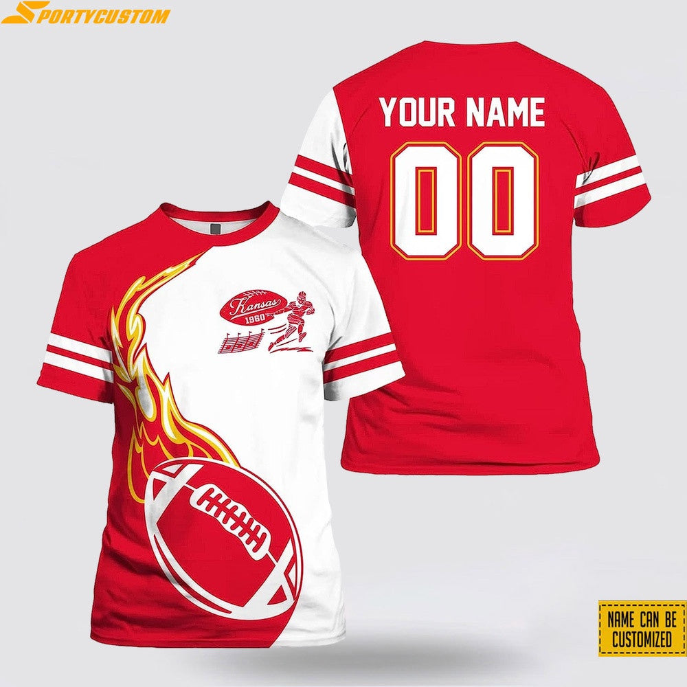 Kansas City Chiefs Fire Ball Custom Name & Number All Over Printed T-Shirt - Red/White