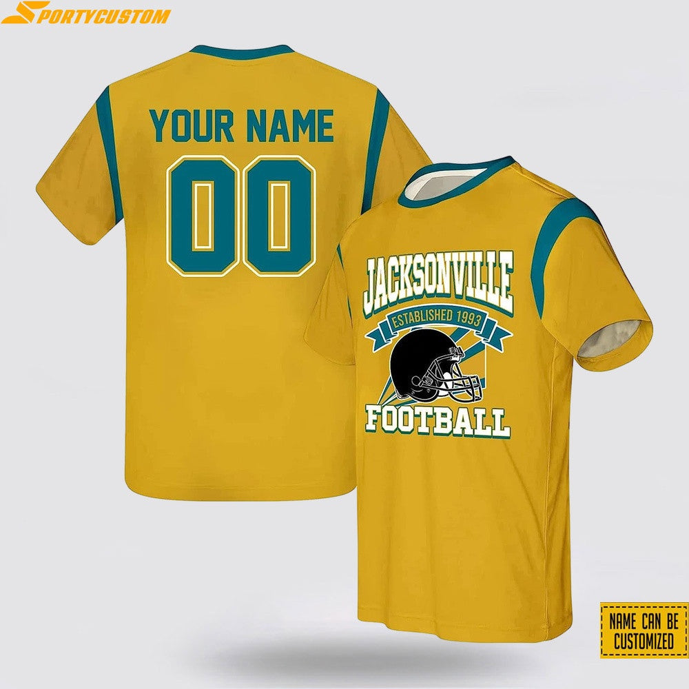Jacksonville Jaguars Helmet Custom Name & Number All Over Printed T-Shirt - Gold