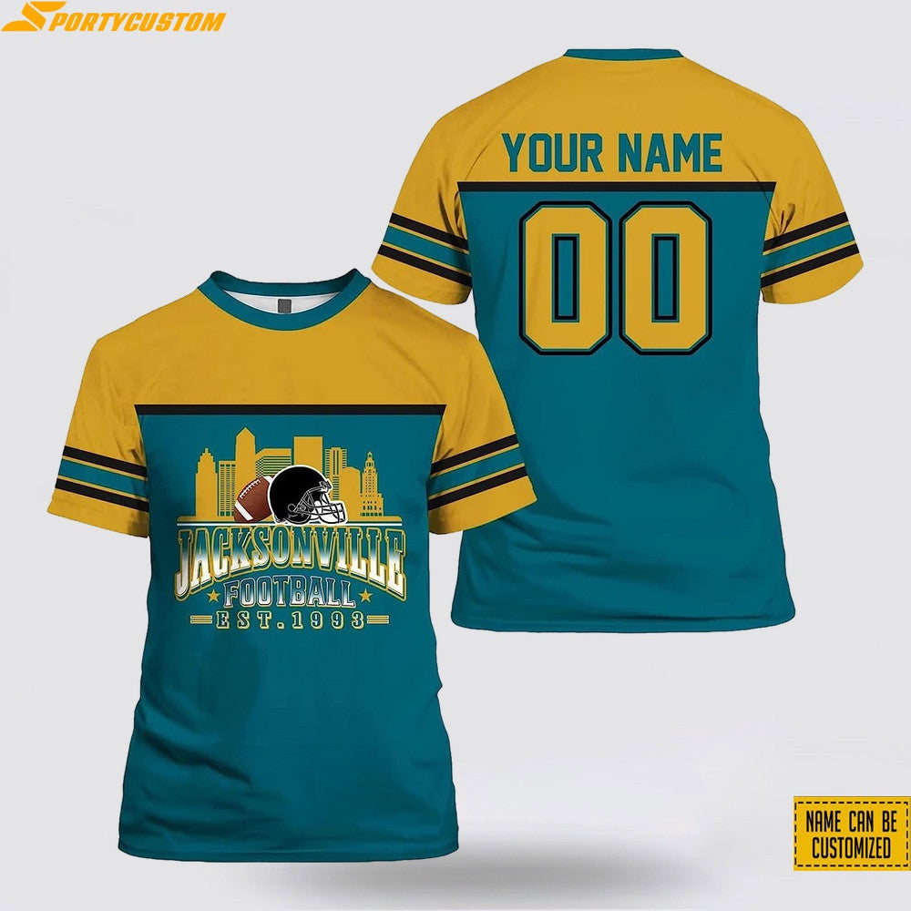Jacksonville Jaguars City Custom Name & Number All Over Printed T-Shirt - Gold/Teal