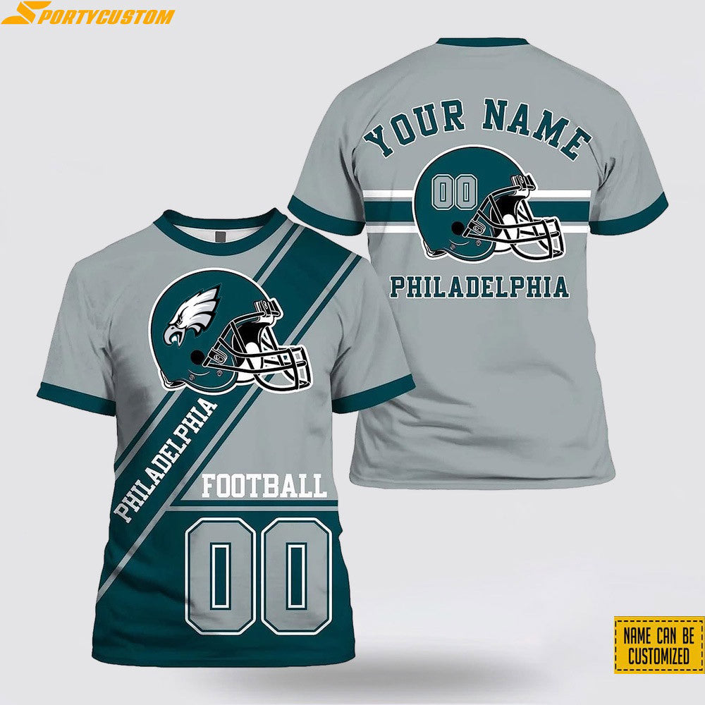 Philadelphia Eagles Helmet Custom Name & Number All Over Printed T-Shirt - Silver/Midnight Green