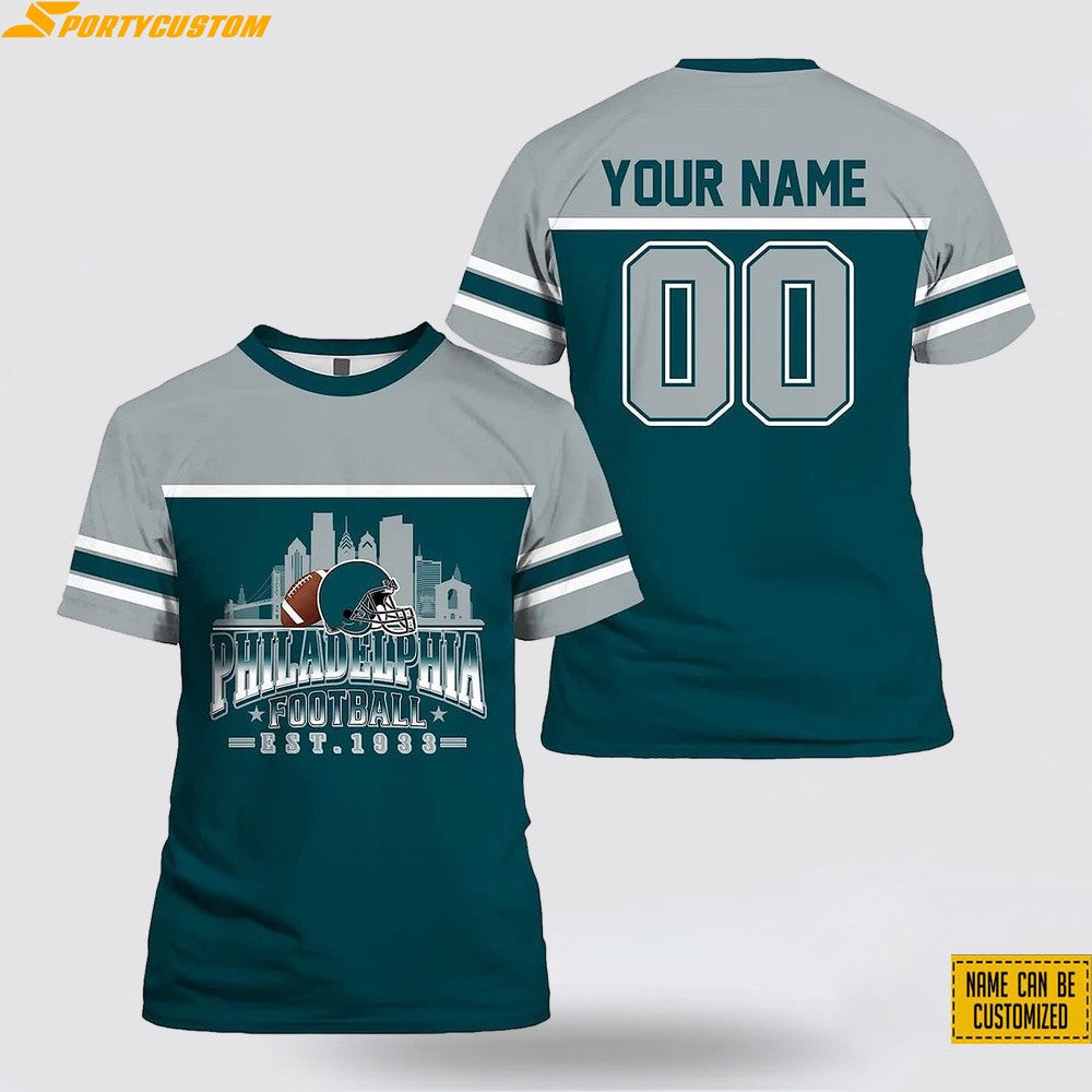Philadelphia Eagles City Custom Name & Number All Over Printed T-Shirt - Silver/Midnight Green