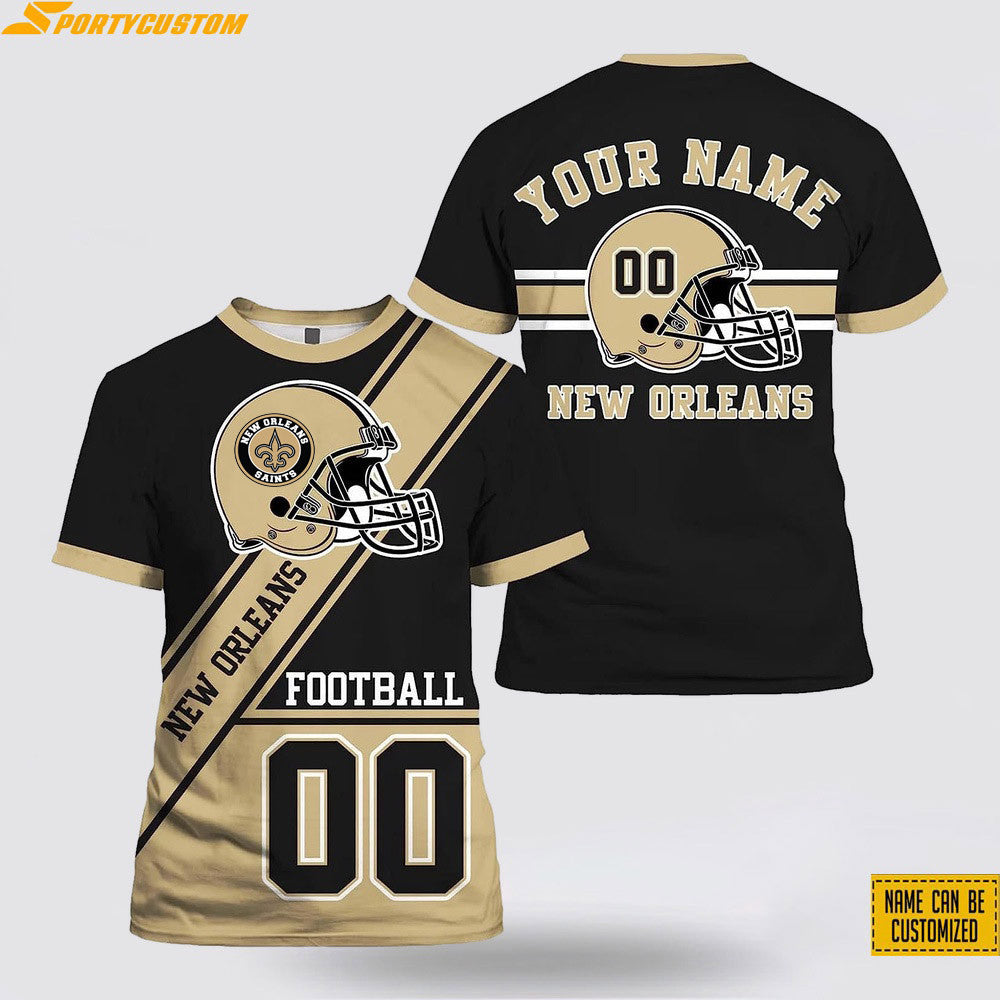 New Orleans Saints Helmet Custom Name & Number All Over Printed T-Shirt - Black/Beige