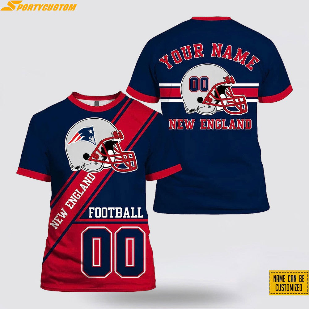 New England Patriots Helmet Custom Name & Number All Over Printed T-Shirt - Navy/Red