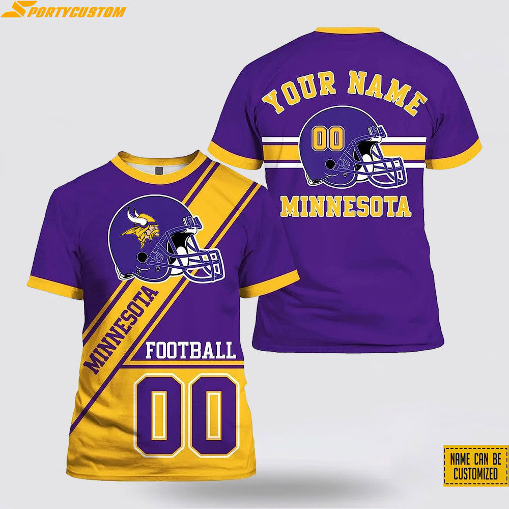 Minnesota Vikings Helmet Custom Name & Number All Over Printed T-Shirt - Purple/Gold