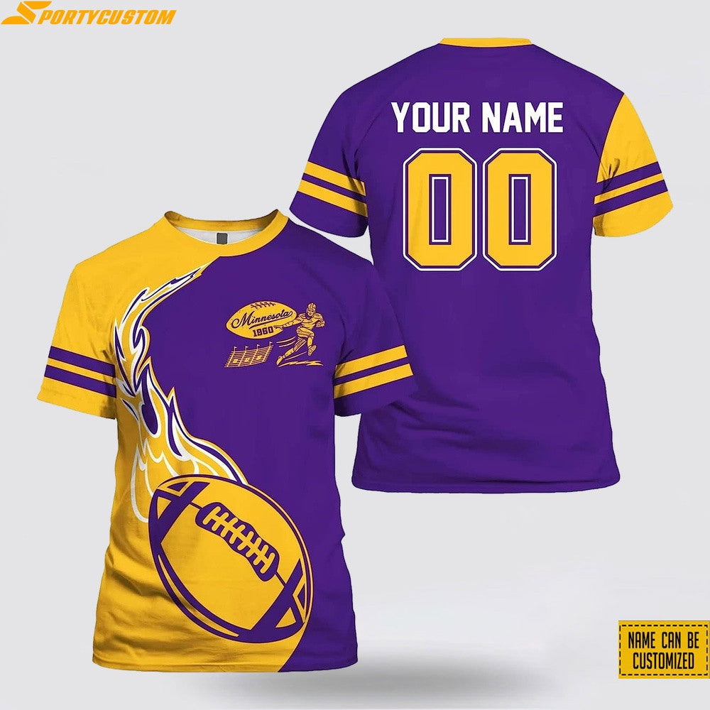 Minnesota Vikings Fireball Custom Name & Number All Over Printed T-Shirt - Gold/Purple