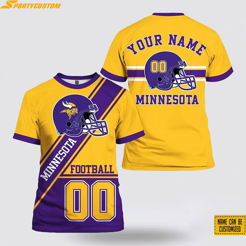 Minnesota Vikings Helmet Custom Name & Number All Over Printed T-Shirt - Gold/Purple