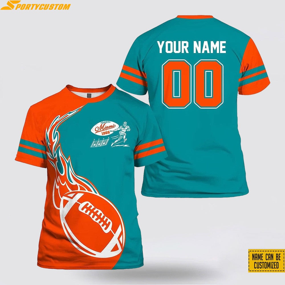 Miami Dolphins Fireball Custom Name & Number All Over Printed T-Shirt - Orange/Aqua