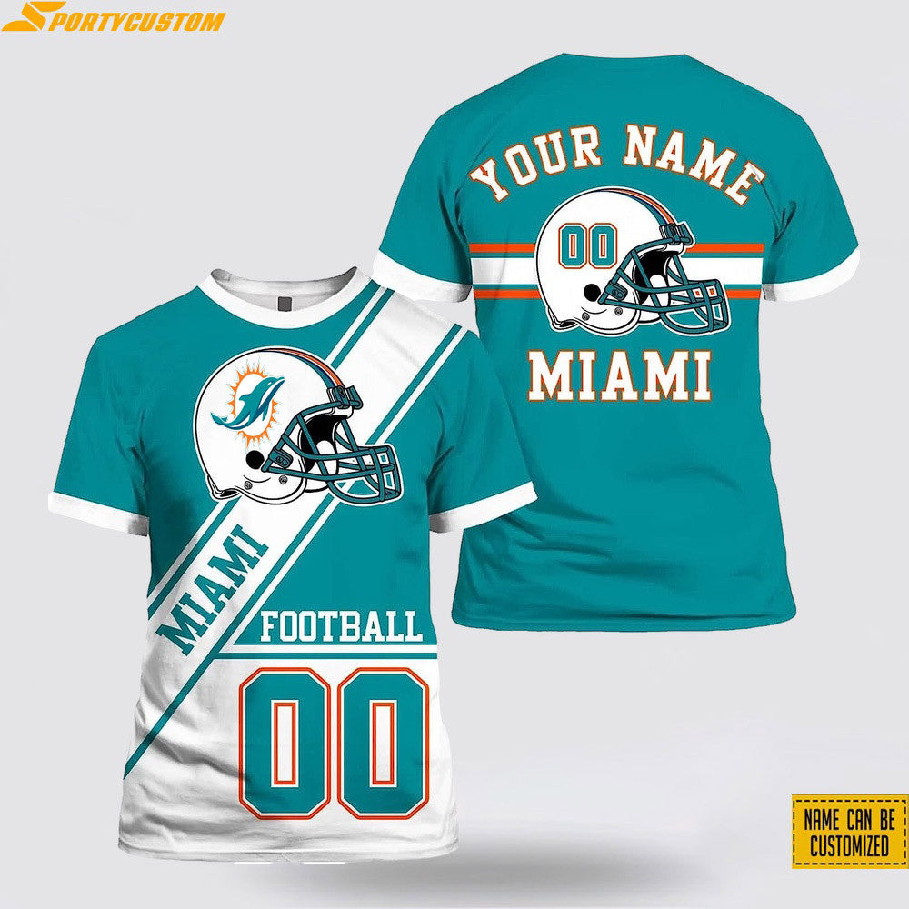 Miami Dolphins Helmet Custom Name & Number All Over Printed T-Shirt - Aqua/White