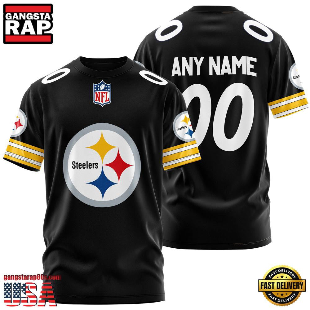 Pittsburgh Steelers Team Sport Custom Name & Number All Over Printed T-Shirt - Black