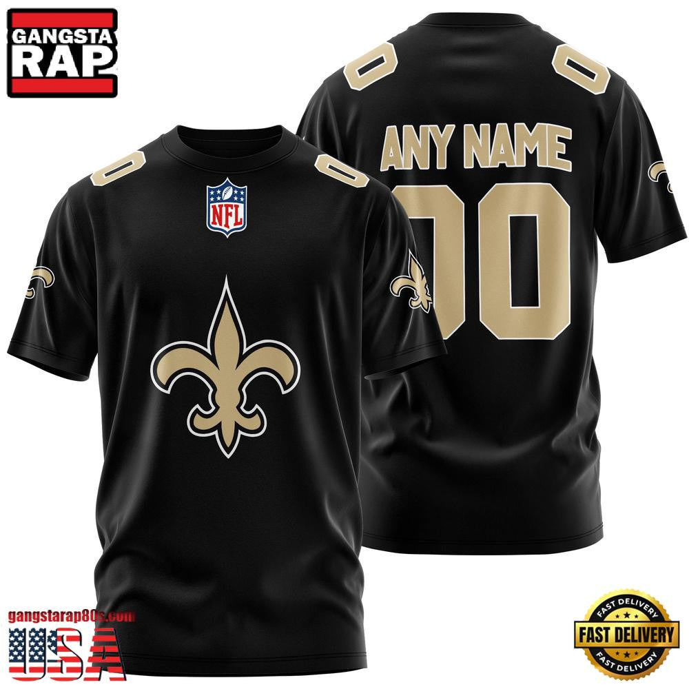 New Orleans Saints Team Sport Custom Name & Number All Over Printed T-Shirt - Black